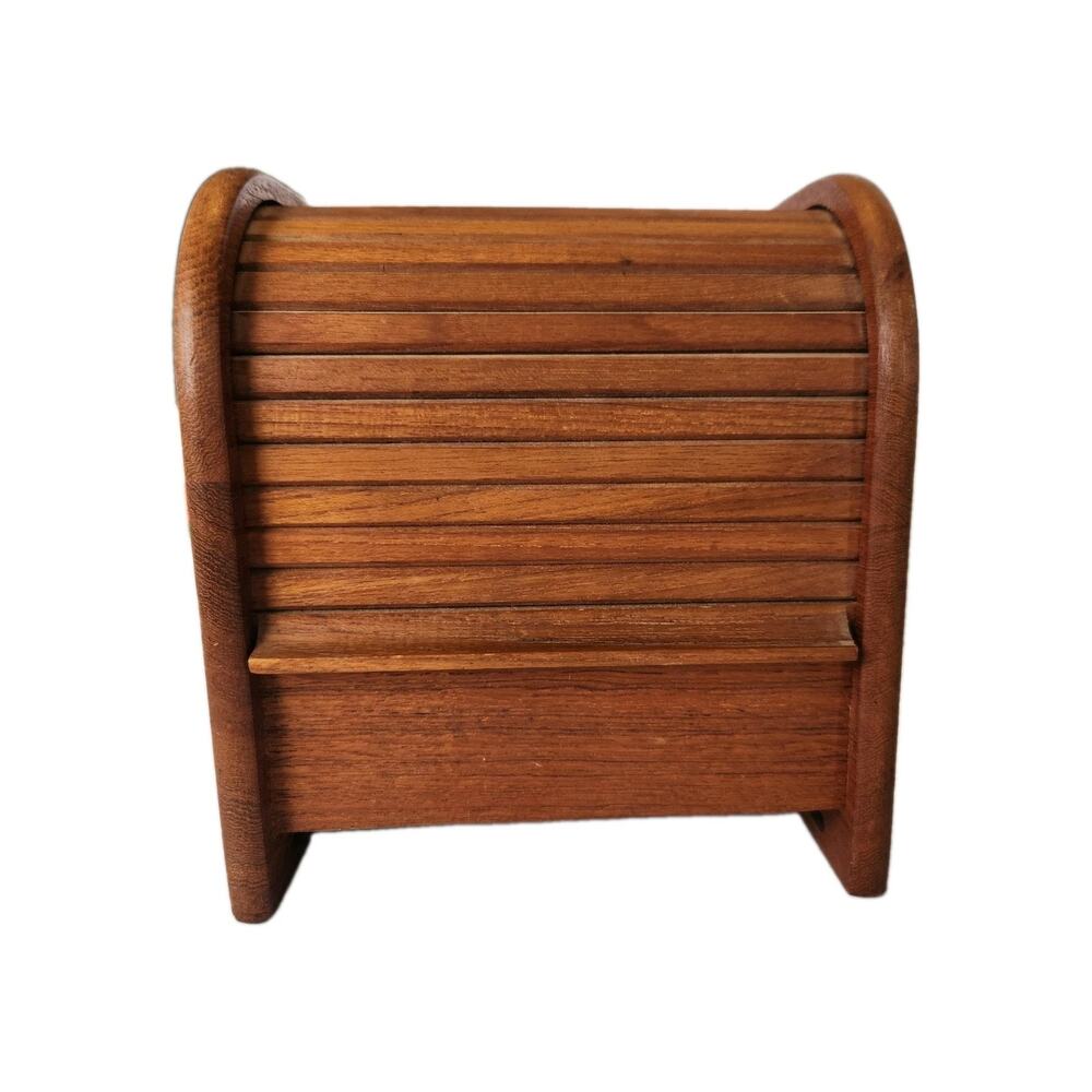 Vintage 1980s Danish Teak Roll-Top Floppy Disk Game Holder Storage Desk Box